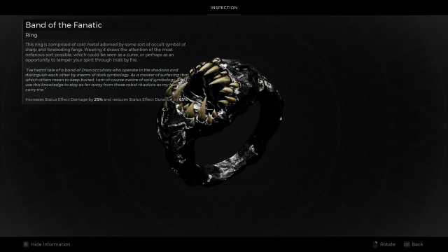 The item inspection screen in Remnant 2, which shows the description for the Band of the Fanatic ring.