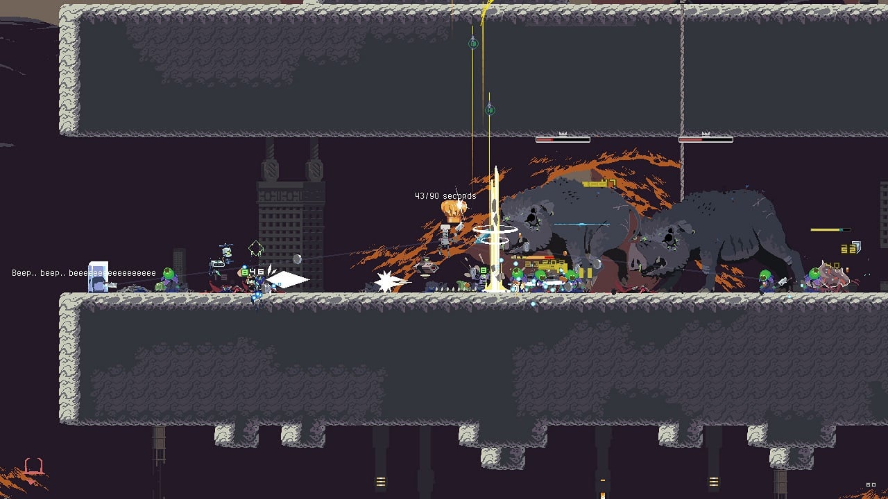 There is a screenshot of the player facing many enemies in Risk of Rain Returned.