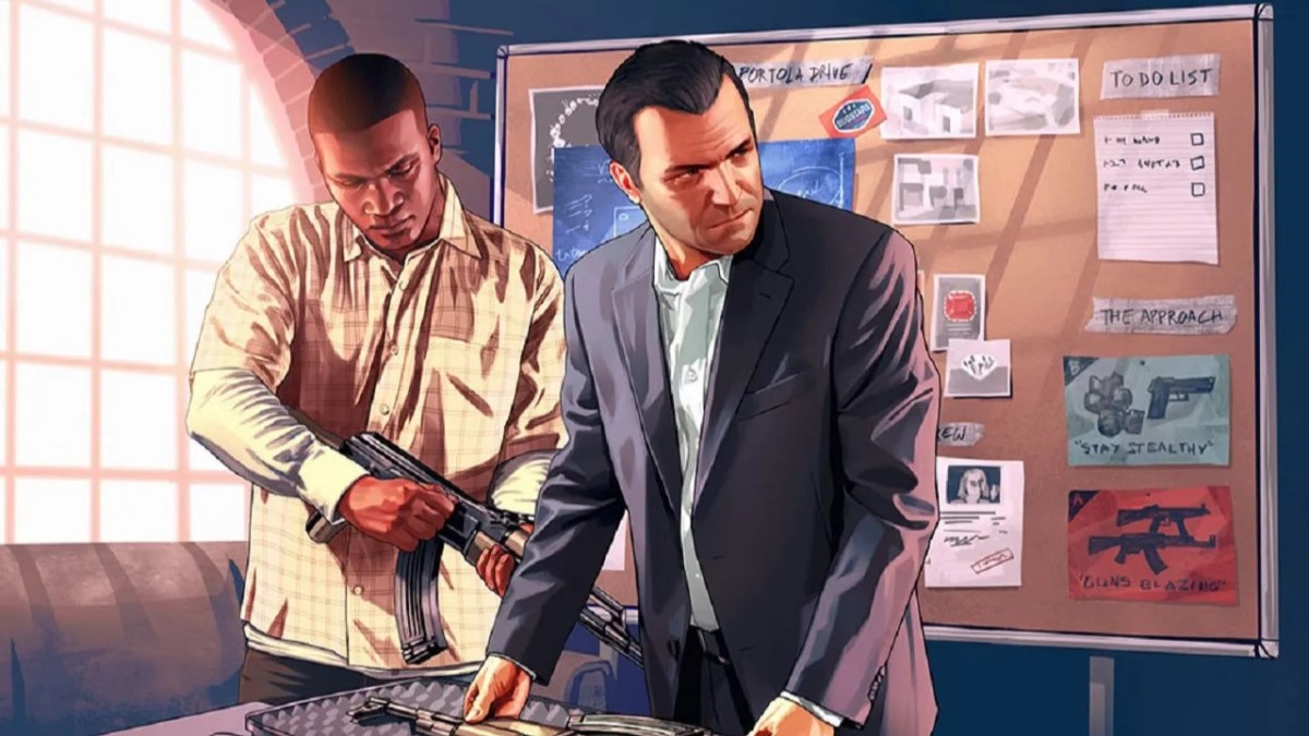 There is a shot of two characters preparing to do a heist. There is a gun in a case in front of them, while one of them holsters a gun.