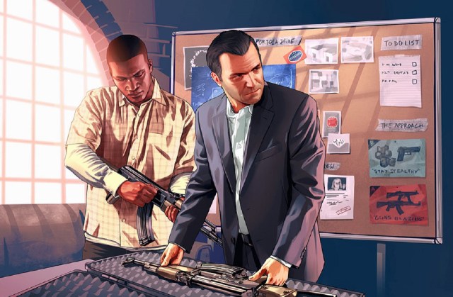 There is a shot of two characters preparing to do a heist. There is a gun in a case in front of them, while one of them holsters a gun.