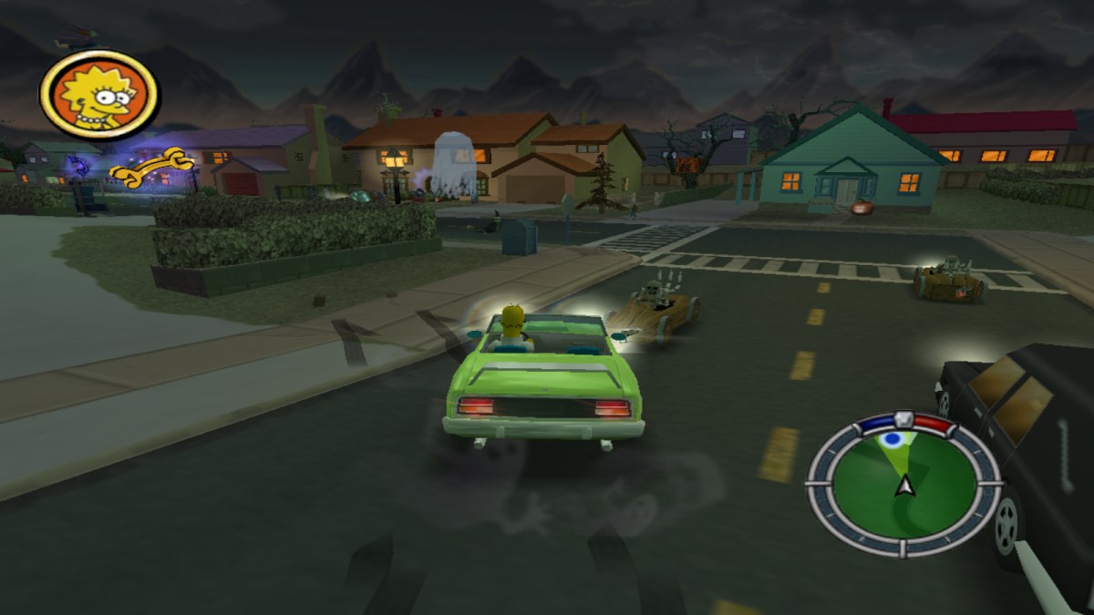 Homer behind the wheel of a green car in The Simpsons: Hit & Run