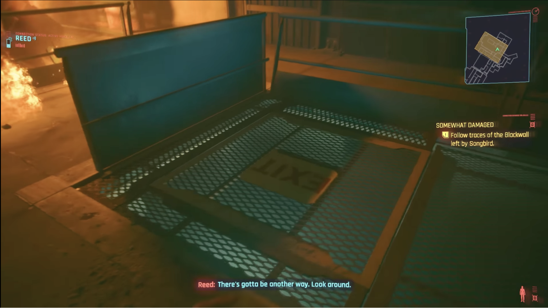 A grate on the floor labeled EXIT, which you can use to follow Songbird's path if your Body isn't high enough to pass the check. From Cyberpunk 2077.