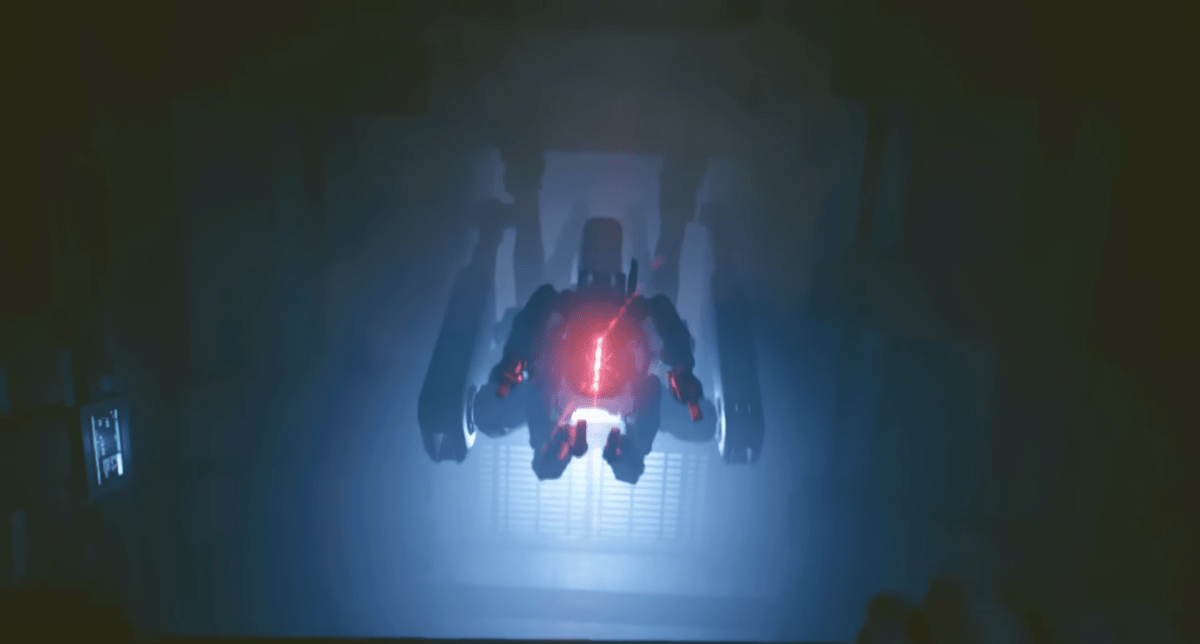 A cut scene showing a spider-like robot descending on the player from above in the Somewhat Damaged mission in Cyberpunk 2077.