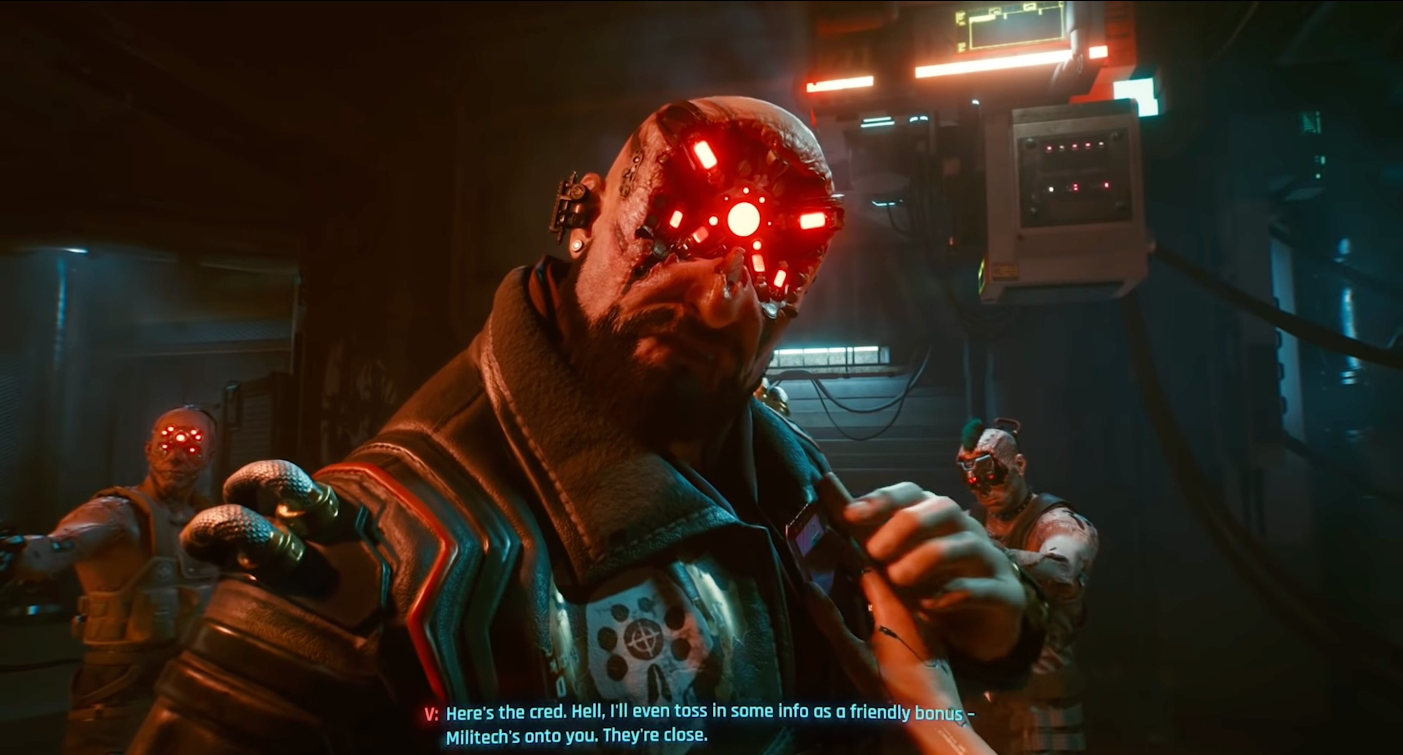 Royce grabs the player by the clothes and intimidates him in Cyberpunk 2077.