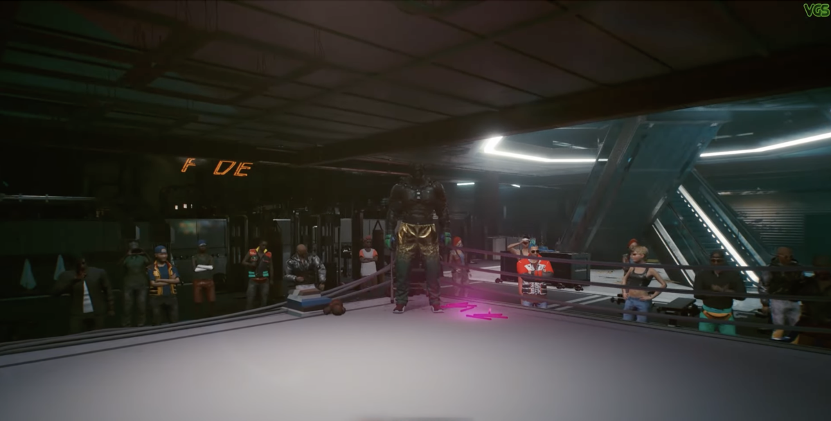 Rhino in the Beat on the Brat quest in Cyberpunk 2077 stands at the far edge of the ring.