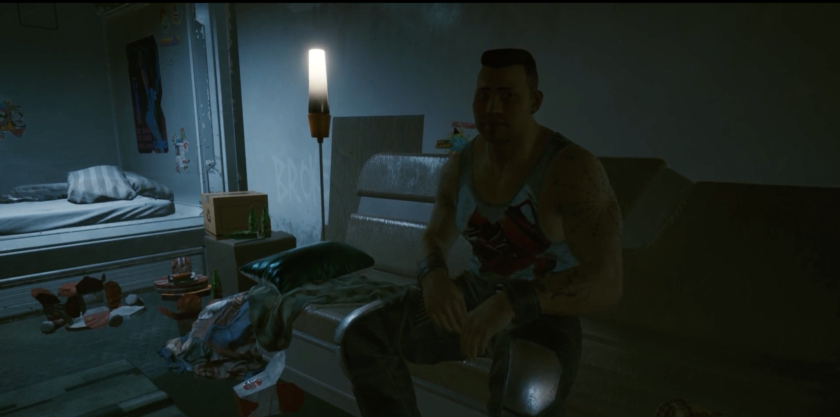 V talks to Barry in his apartment in Cyberpunk 2077.
