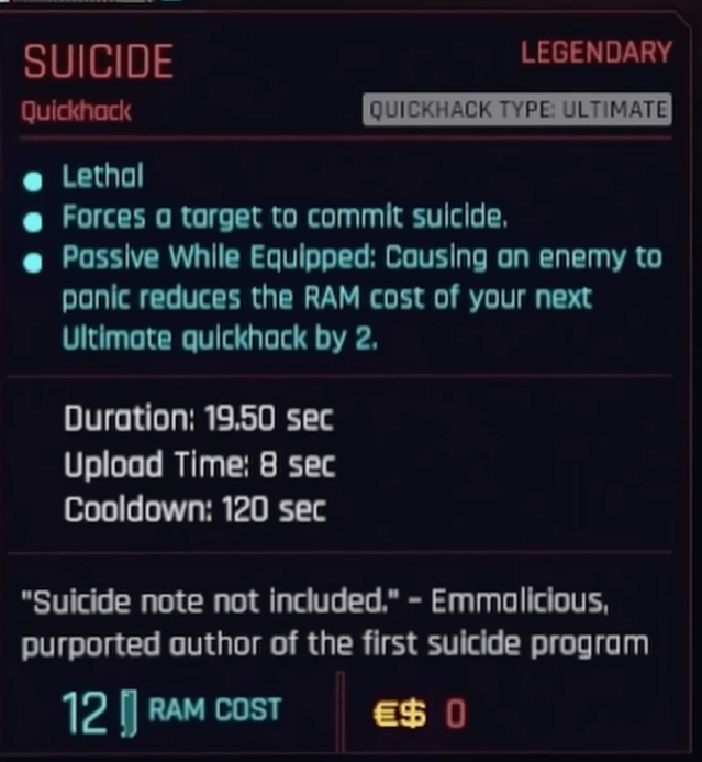 The Suicide quickhack from Cyberpunk 2077.