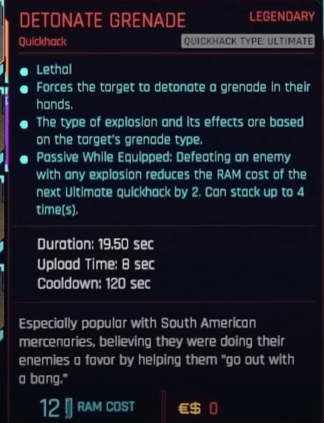 The Detonate Grenade Quickhack from Cyberunk 2077