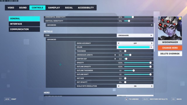 Settings for a Widowmaker  crosshair in Overwatch 2.
