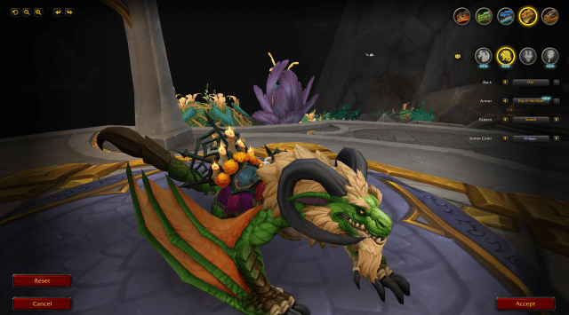 The Cliffside Wylderdrake in WoW Dragonflight featuring the orange Day of the Dead armor.