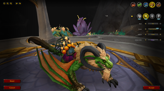 The Cliffside Wylderdrake in WoW Dragonflight featuring the orange Day of the Dead armor.