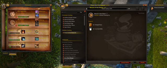 WoW cooking interface featuring the recipe for Bread of the Dead