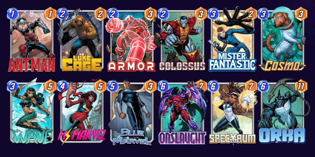 Marvel Snap deck consisting of Ant-Man, Luke Cage, Armor, Colossus, Mister Fantastic, Cosmo, Wave, Ms. Marvel, Blue Marvel, Onslaught, Spectrum, and Orka.