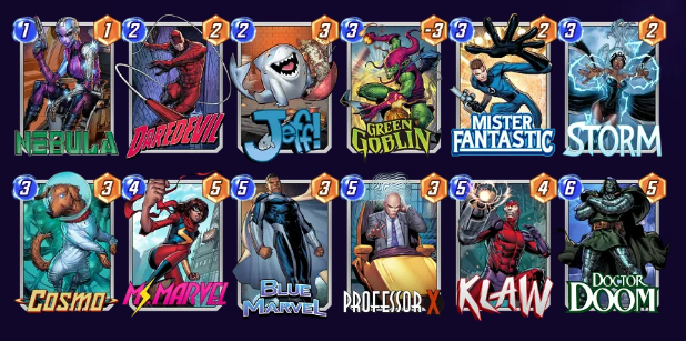 Marvel Snap deck consisting of Nebula, Daredevil, Jeff, Green Goblin, Mister Fantastic, Storm, Cosmo, Ms. Marvel, Blue Marvel, Professor X, Klaw, and Doctor Doom.