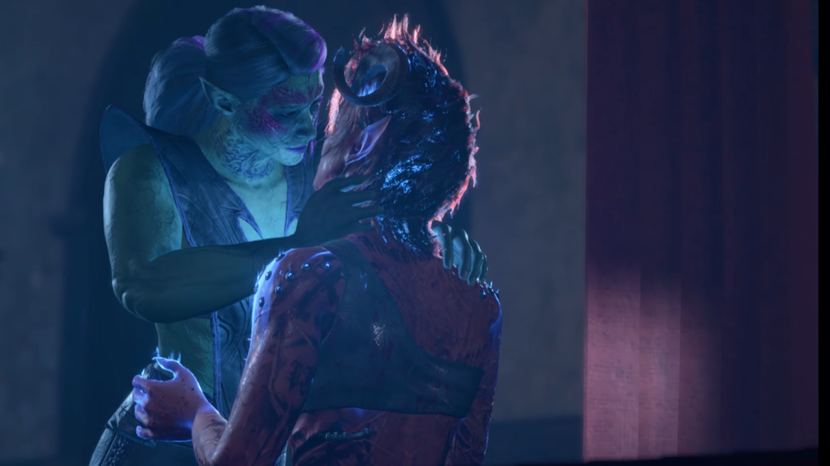 Karlach and the player character holding each-other in a passionate embrace while Karlach glows blue in Baldur's Gate 3.