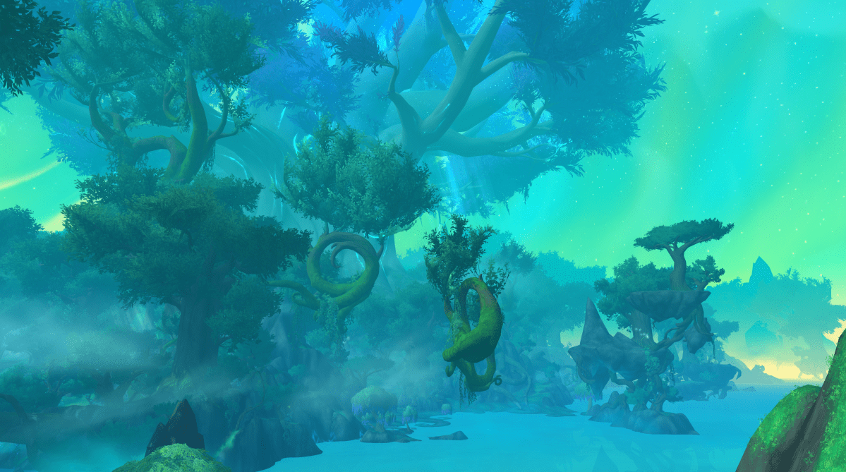 A WoW screenshot of the Emerald Dream with a wide view of Amirdrassil in the background