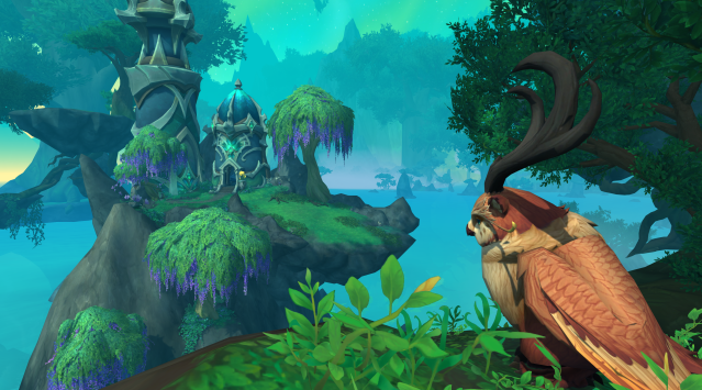 An owl sits above a perched ledge in WoW's Emerald Dream zone, overlooking an ocean and an island.