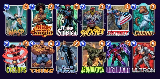 Marvel Snap deck consisting of Misty Knight, Mister Sinister, Shocker, Patriot, Cosmo, Cyclops, The Thing, Abomination, Onslaught, and Ultron.