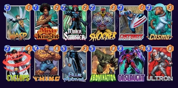 Marvel Snap deck consisting of Misty Knight, Mister Sinister, Shocker, Patriot, Cosmo, Cyclops, The Thing, Abomination, Onslaught, and Ultron.