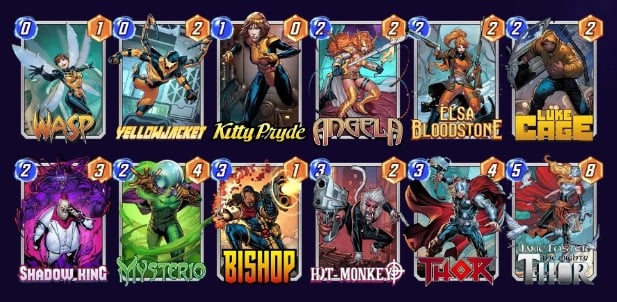 Marvel Snap deck consisting of Wasp, Yellowjacket, Kitty Pryde, Angela, Elsa Bloodstone, Luke Cage, Shadow King, Mysterio, Bishop, Hit-Monkey, Thor, and Jane Foster.