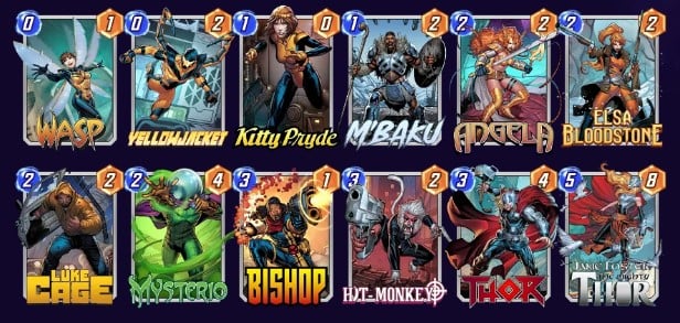 Marvel Snap deck consisting of Wasp, Yellowjacket, Kitty Pryde, M'Baku, Angela, Elsa Bloodstone, Luke Cage, Mysterio, Bishop, Hit-Monkey, Thor, and Jane Foster.