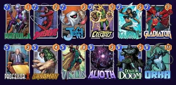 Marvel Snap deck consisting of Nebula, Daredevil, Jeff, Electro, Wave, Gladiator, Professor X, Sandman, Vision, Alioth, Doctor Doom, and Orka.