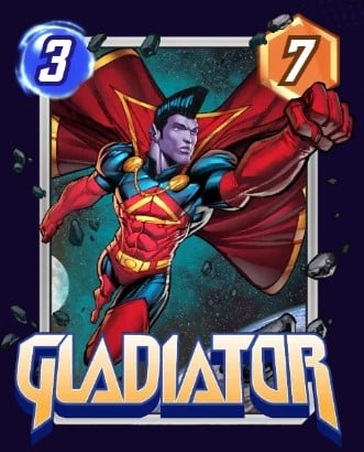 Gladiator card, posing with his fist high while wearing his red costume and cape.