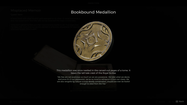 The Bookbound Medallion, an item found hidden inside the Misplaced Memoir in Remnant 2.