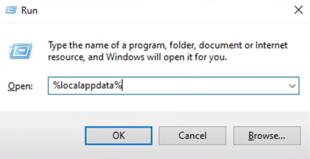 Windows Run Box with localappdata typed into the prompt