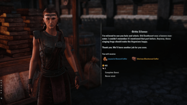 Britta Silanus rewarding the player in The Elder Scrolls Online