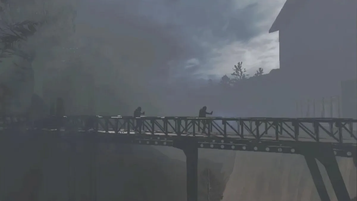 Lethal Company: Players running across bridge in trailer