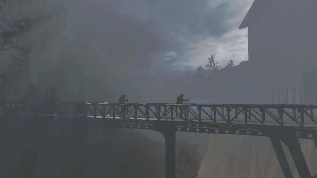 Lethal Company: Players running across bridge in trailer