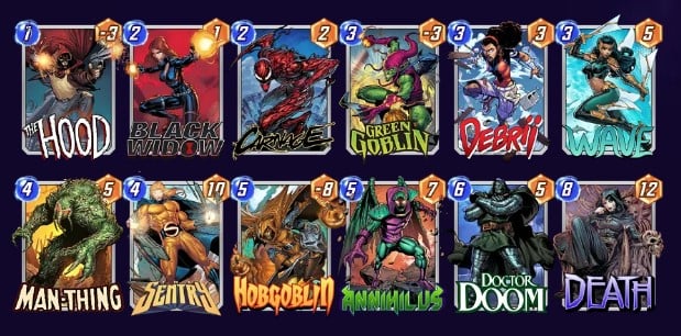 Marvel Snap deck consisting of The Hood, Black Widow, Carnage, Green Goblin, Debrii, Man-Thing, Sentry, Hogoblin, Annihilus, Doctor Doom, and Death.