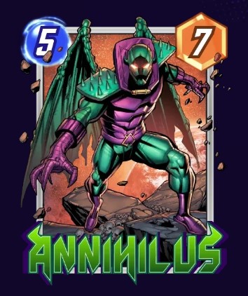 Annihilus card, showing his green and purple armor while posing above the rocks.