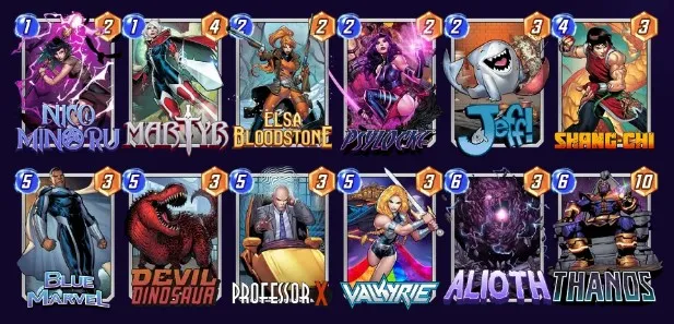 Marvel Snap deck consisting of Nico Minoru, Martyr, Elsa Bloodstone, Psylocke, Jeff, Shang-Chi, Blue Marvel, Devil Dinosaur, Professor X, Valkyrie, Alioth, and Thanos.