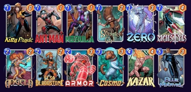 Marvel Snap deck consisting of Kitty Pryde, Ant-Man, Nebula, Squirrel Girl, Zero, Martyr, Angela, Elsa Bloodstone, Armor, Cosmo, Ka-Zar, and Blue Marvel.