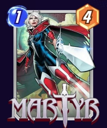 Martyr card, wearing her blue and red costume while holding her sword.