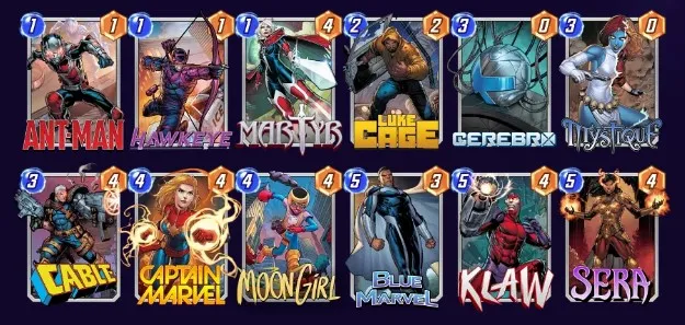 Marvel Snap deck consisting of Ant-Man, Hawkeye, Martyr, Luke Cage, Cerebro, Mystique, Cable, Captain Marvel, Moon Girl, Blue Marvel, Klaw, and Sera.