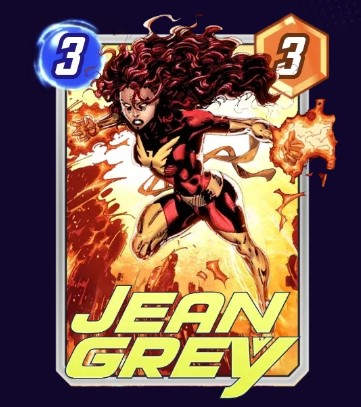 Jean Grey card, wearing her red costume while using the Phoenix Force.
