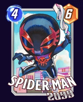 Spider-Man 2099 card, wearing his blue costume while hanging using his web.
