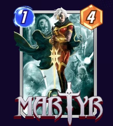Martyr card, showing her red costume and cape while holding her sword.