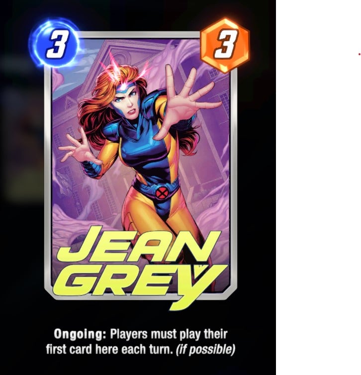 Jean Grey card, wearing her blue and yellow costume while using her psychic powers.