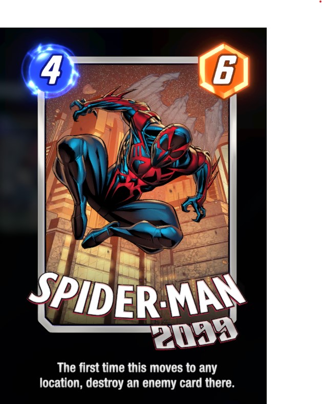 Spider-Man 2099 card, wearing his blue and red costume while swinging in the air.
