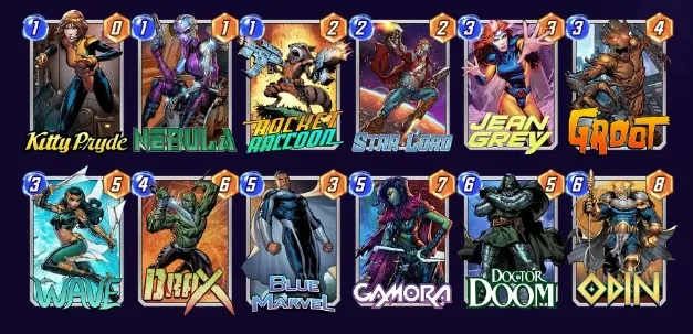 Marvel Snap deck consisting of Kitty Pryde, Nebula, Rocket Racoon, Star-Lord, Jean Grey, Wave, Groot, Drax, Blue Marvel, Gamora, Doctor Doom, and Odin.