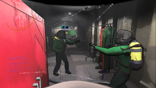 Two players pointing at one another in Lethal Company while wearing the Green Suit