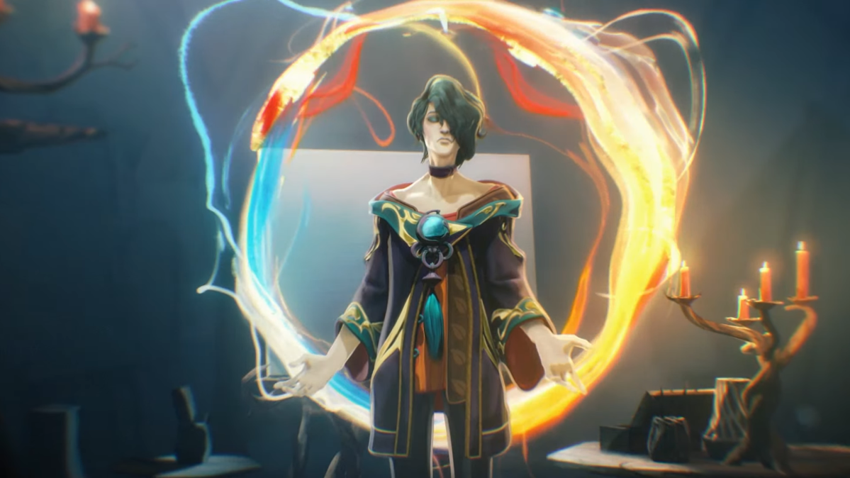 Hwei, from League of Legends, standing as colorful paint spins around behind him.