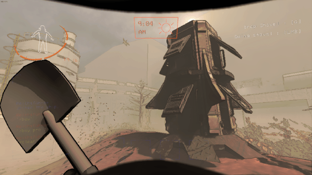 Player using the shovel and standing next to a drop pod in Lethal Company.