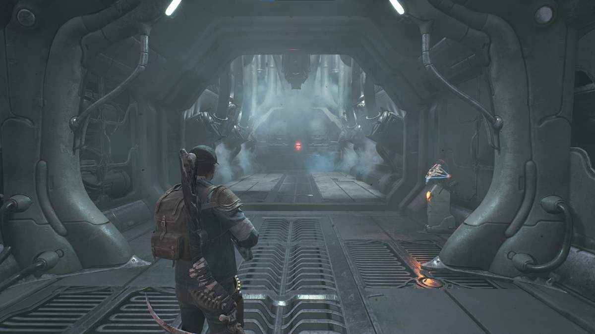 A player stands in a corridor with enemies approaching in Remnant 2.