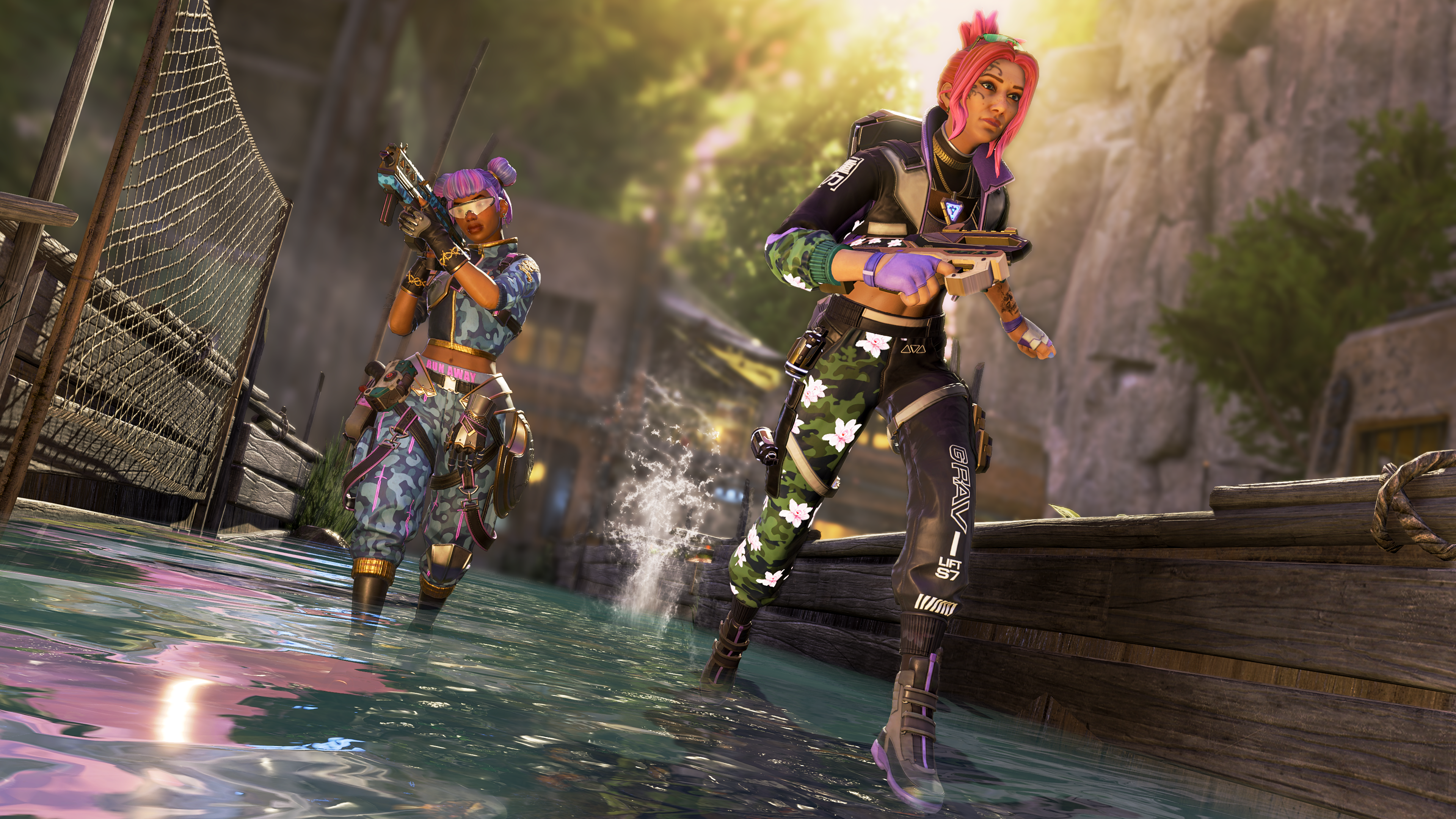 Lifeline and Horizon wearing the new Post Malone collab skins in Storm Point.