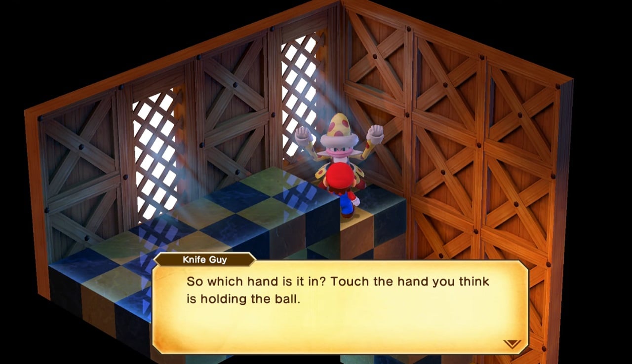 There is a shot of Mario playing Knife Guy's minigame, trying to guess which hand he is holding the ball in.
